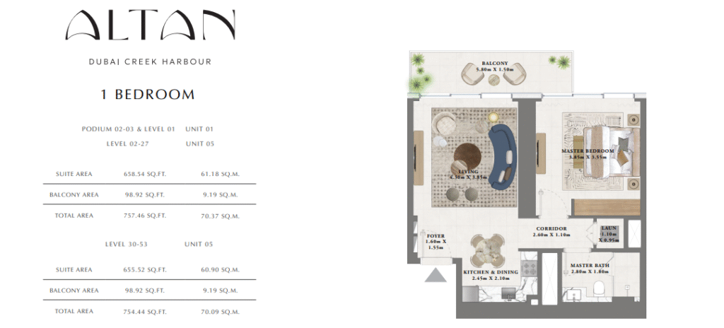 1 Bedroom Apartment Floor Plan of Altan by Emaar