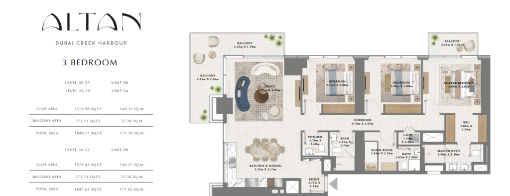 3 Bedroom Apartment Floor Plan of Altan by Emaar